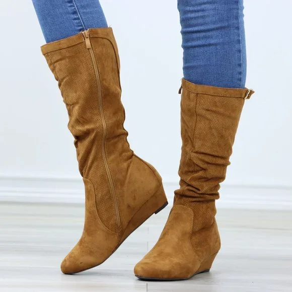 Tan Faux Suede Round Toe Low Kitten Wedge Heel Mid Calf Boots - Picture 11 of 12